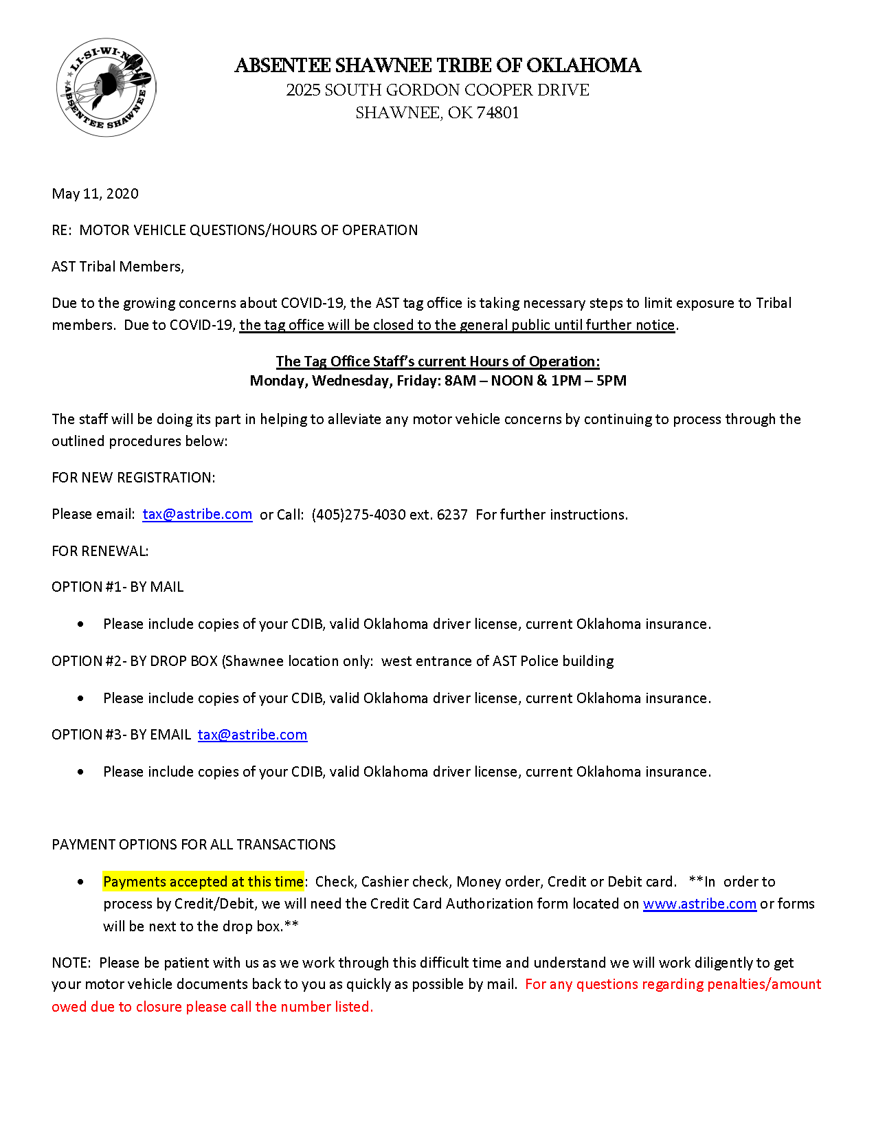 Tax Commission and Tag Absentee Shawnee Tribe