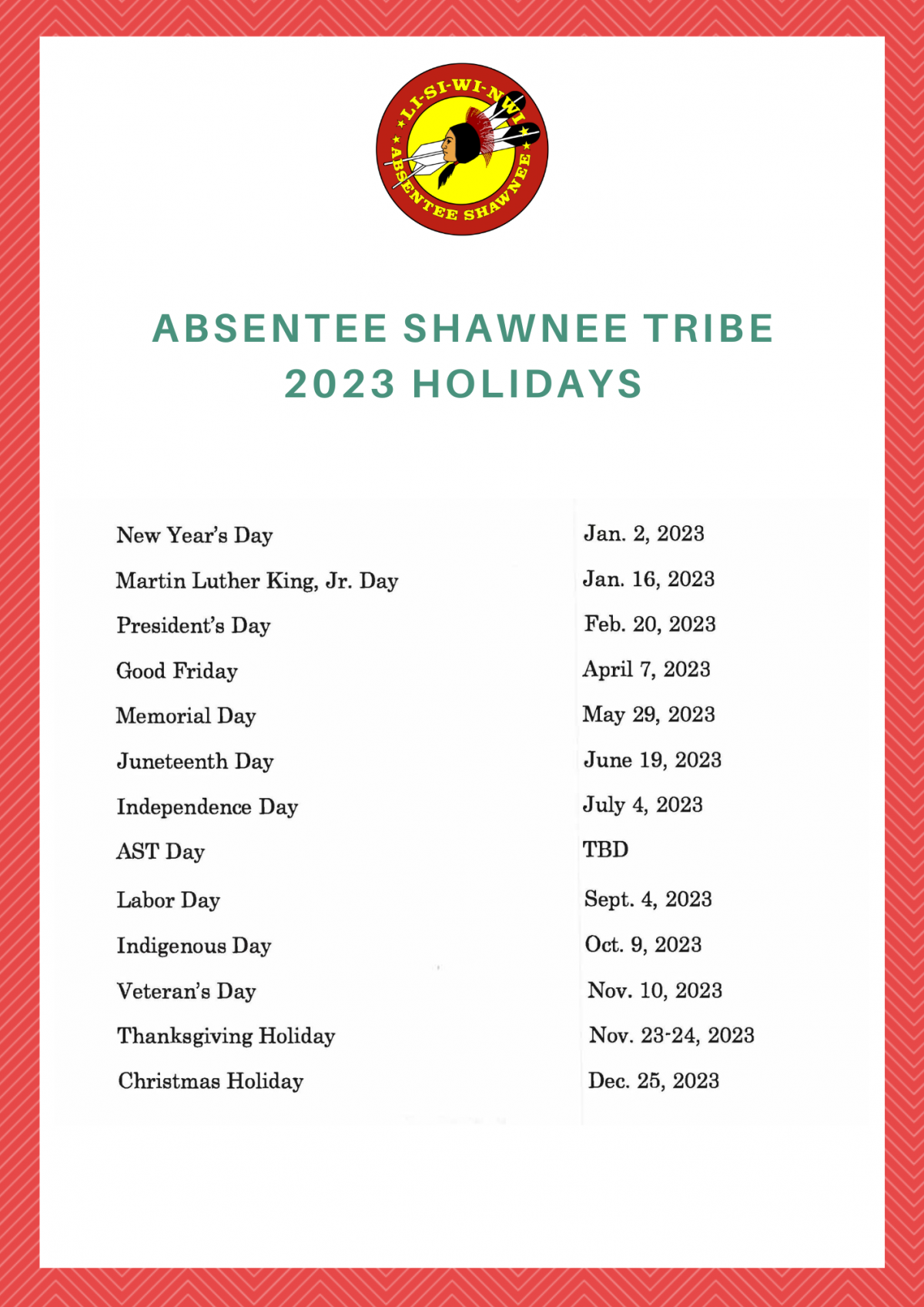 2023 Holidays | Absentee Shawnee Tribe