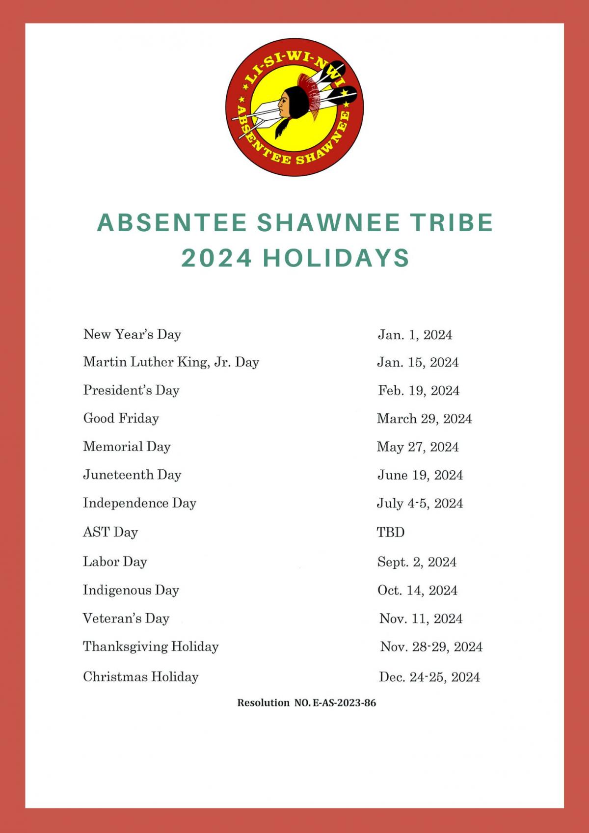 2024 Holidays Absentee Shawnee Tribe