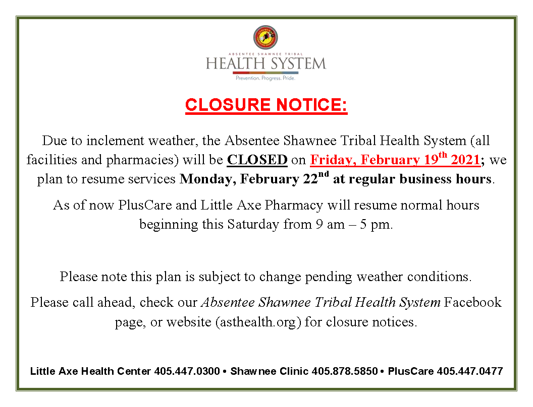 AST Health System Closure February 19, 2021 | Absentee Shawnee Tribe